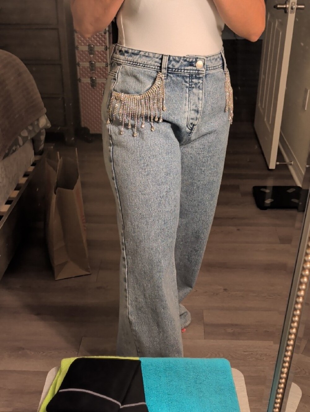 Nasty Gal Light Blue Rhinestone Fringe Flare Jeans - Picture 2 of 5
